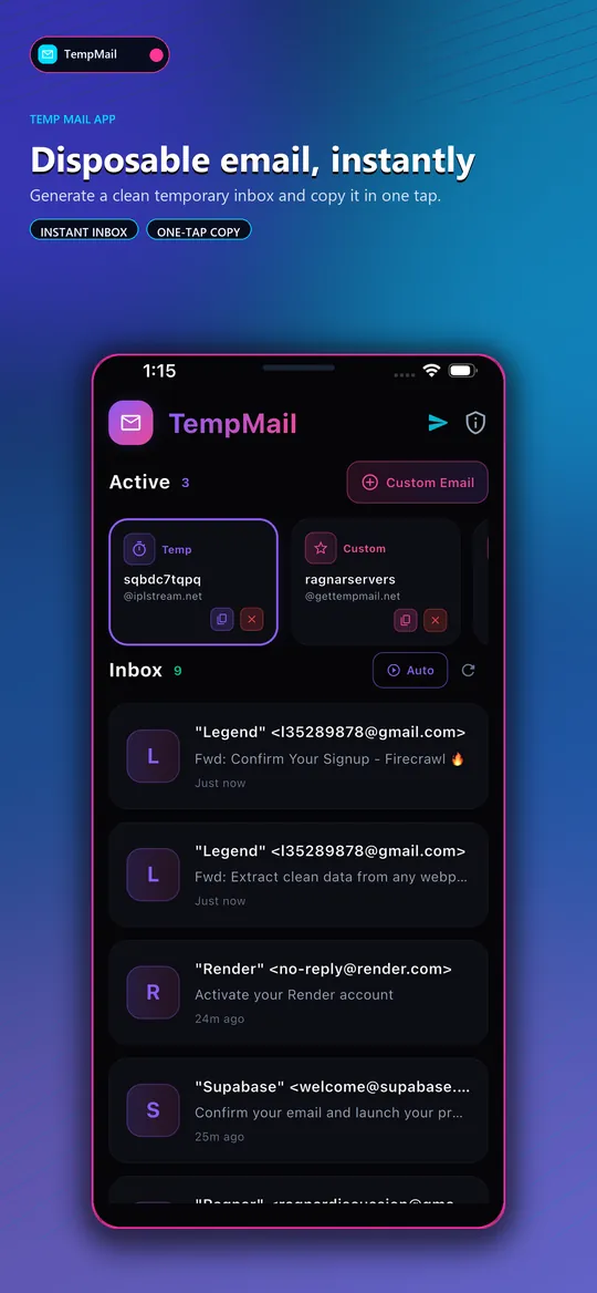 Get a disposable temporary email address instantly in the TempMail app