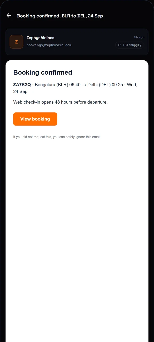 A booking confirmation email open in TempMail, rendered as HTML with its button intact