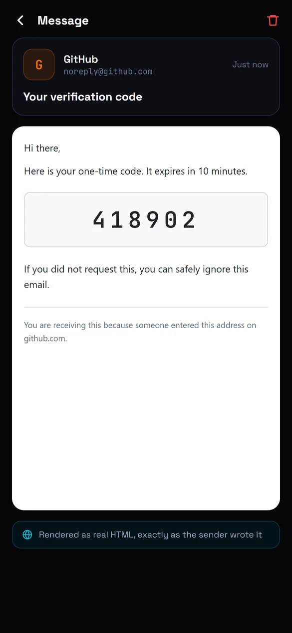 A verification email open in TempMail, showing the one-time code rendered as HTML