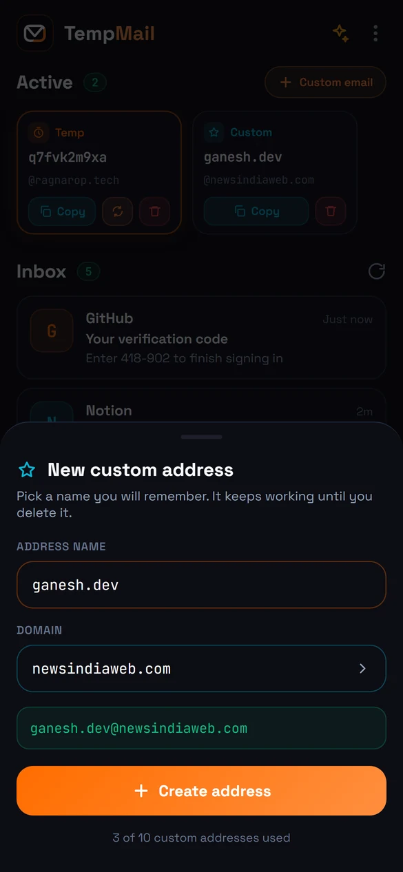 Creating a custom temporary address by choosing a name and a domain