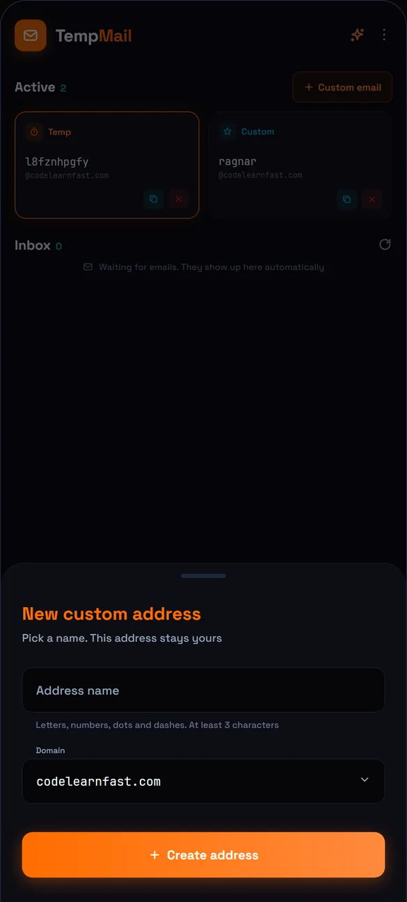 Creating a custom temporary address by choosing a name and a domain