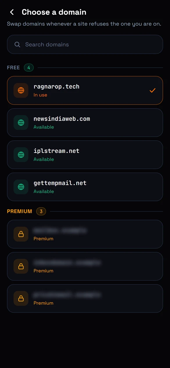 The domain picker in TempMail, showing free domains and a locked premium set