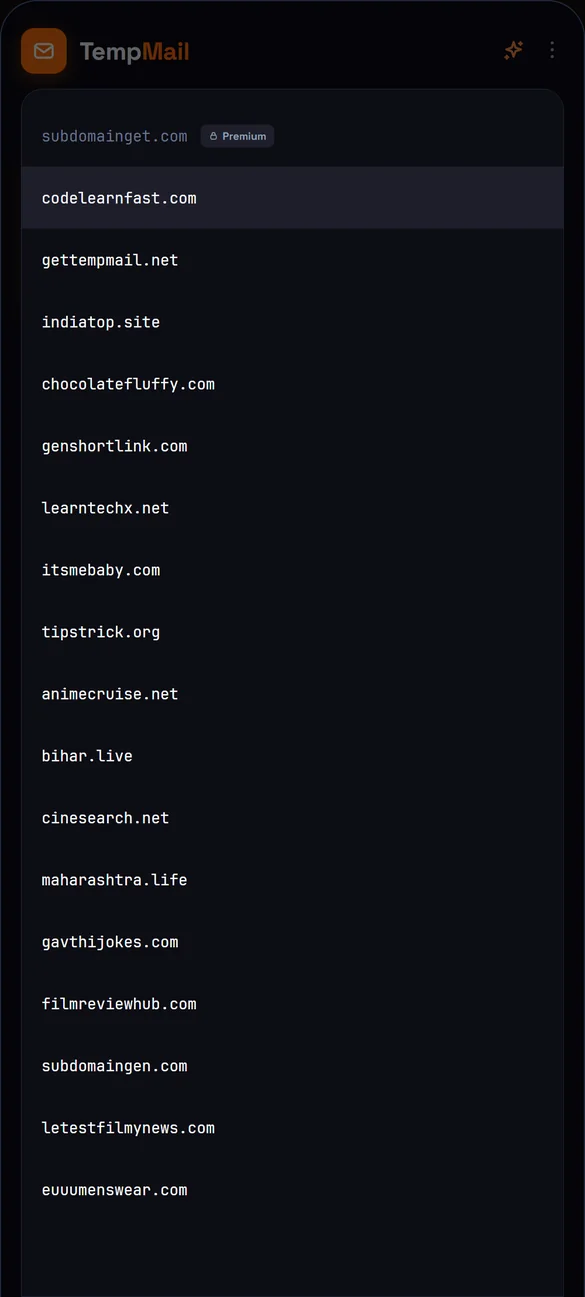 The domain picker in TempMail, showing free domains and a premium one