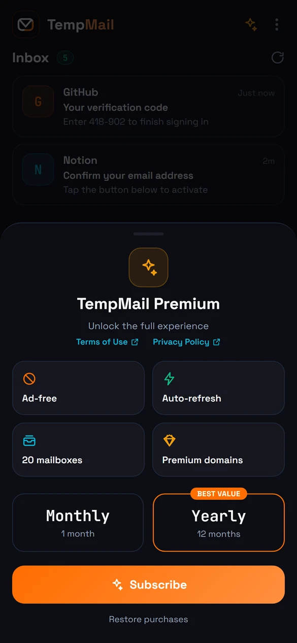 The TempMail Premium sheet showing its benefits and the monthly and yearly plans