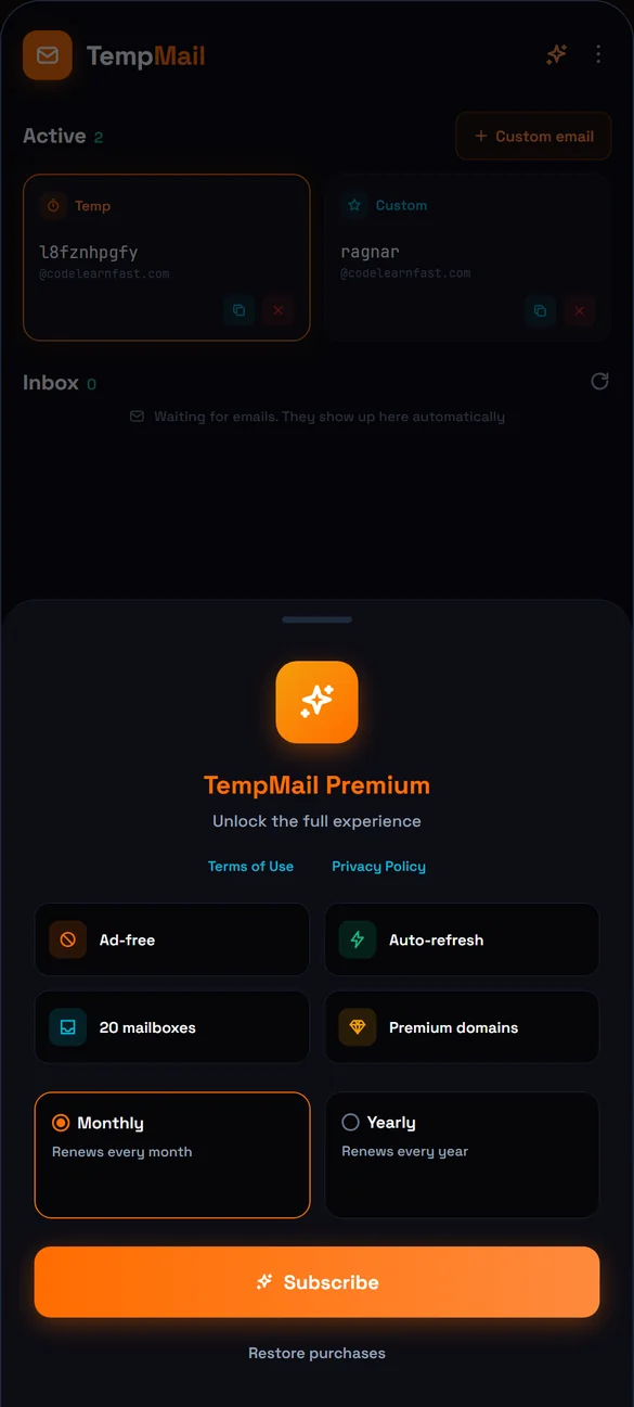 The TempMail Premium sheet showing its benefits and the monthly and yearly plans