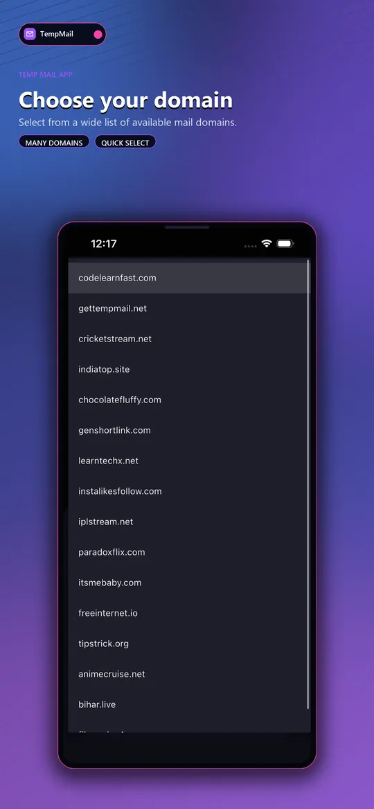 Choose your preferred domain for the temp mail address