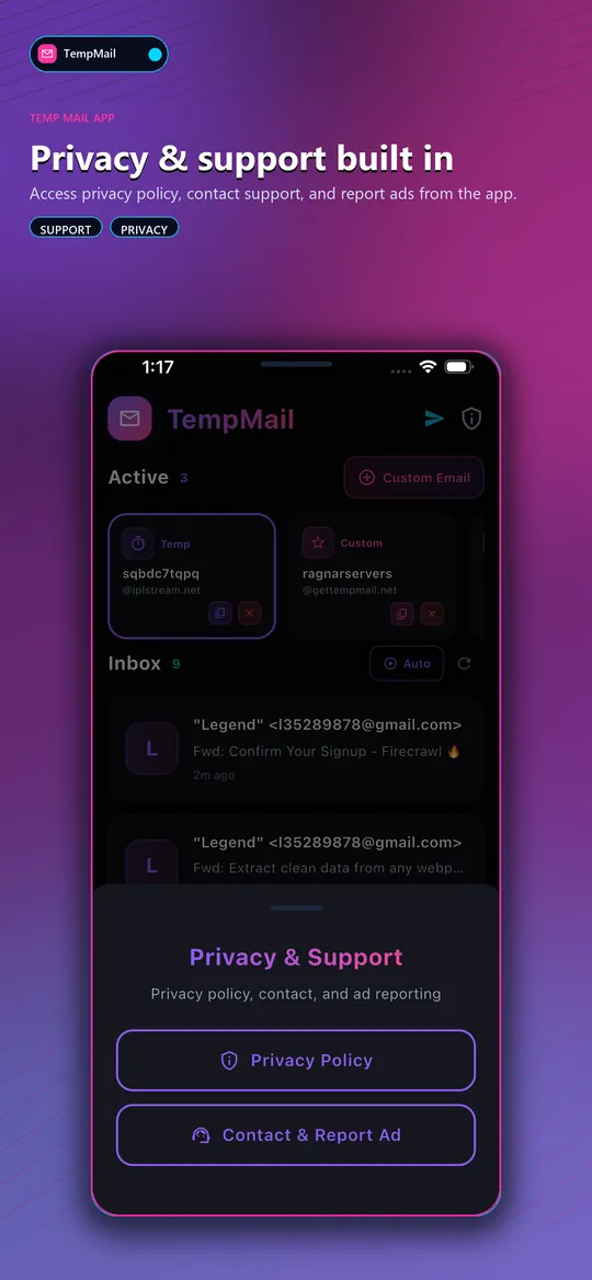 Privacy and support built into the TempMail app
